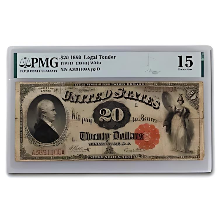 1880年 $20 法定通貨 アレクサンダー ハミルトン チョイス F-15 PMG (Fr#147)